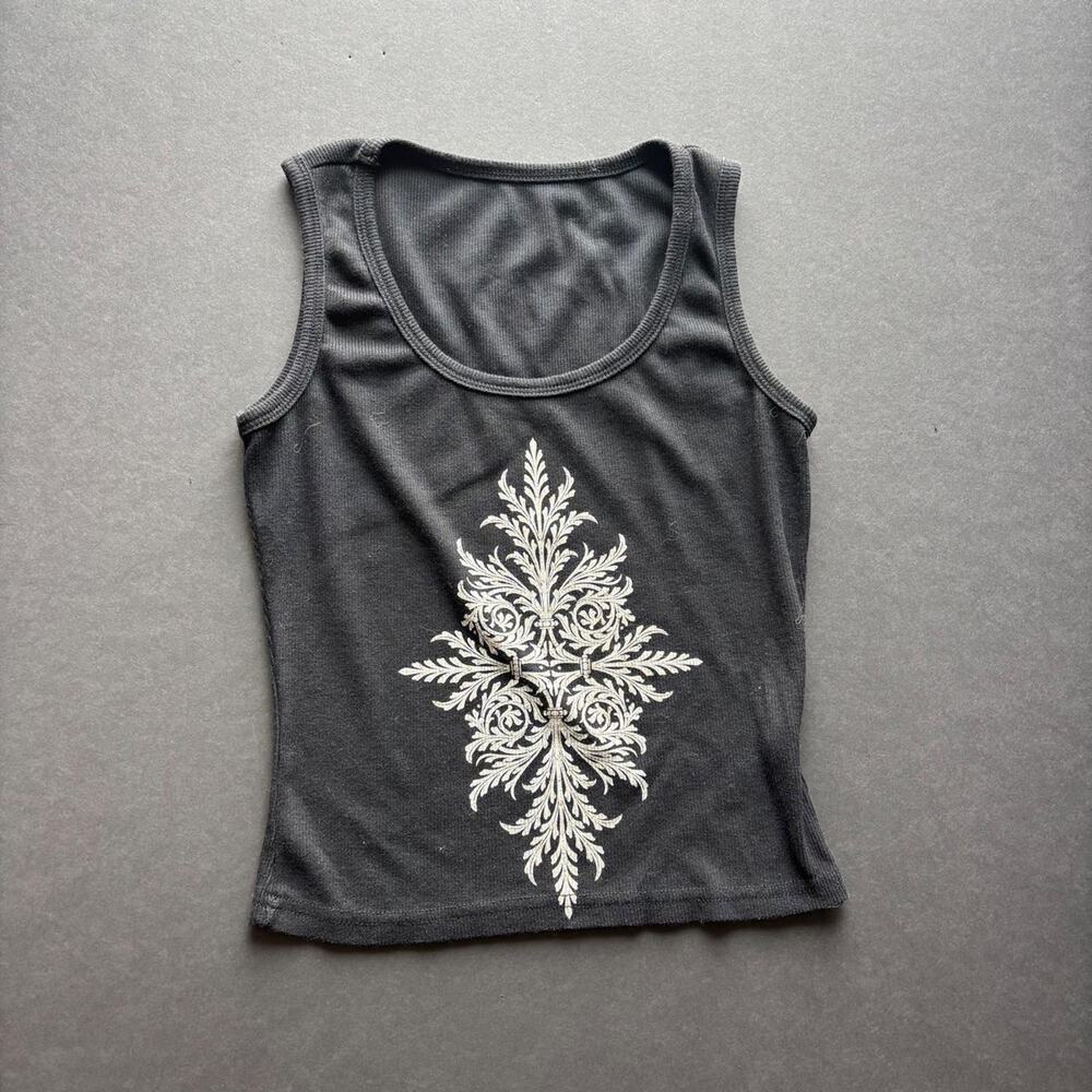 Vintage Y2K Gothic Baroque Graphic Ribbed Tank Top Black - Size S/M